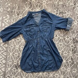 Dots Denim Button-Down Tunic Dress Roll Up Long Sleeve elastic waist curved hem